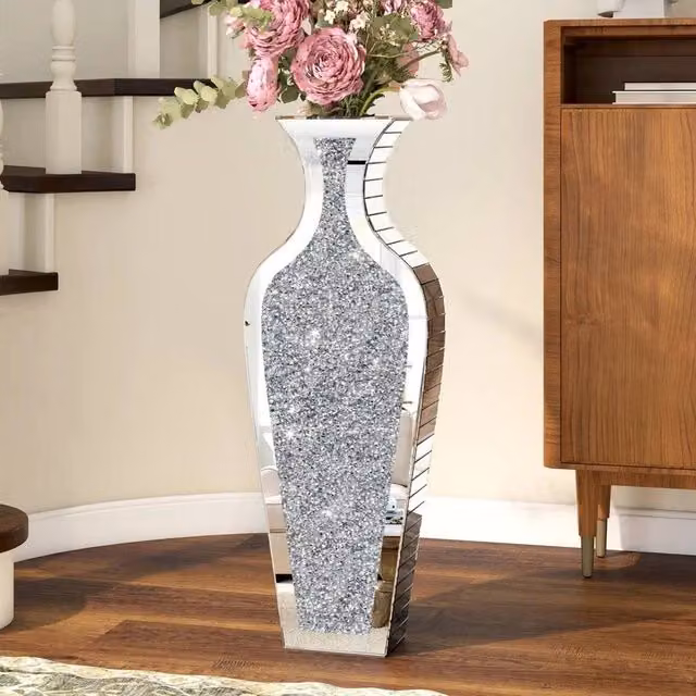PAWNORA XL Crushed Diamond Mirrored Floor Vase in Silver