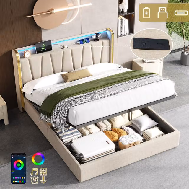 Matteo Double Upholstered Bed Frame with Hydraulic Storage, LED Headboard and USB-C Charging in Beige Linen – 1