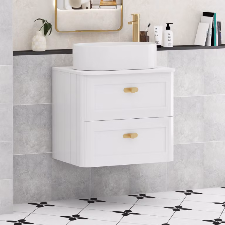Royal Bathrooms Henley 600mm Gloss White Wall Hung Vanity Unit with 2 Drawers, Plain White Worktop, Peak Basin and Brushed Brass Knob