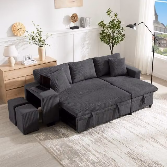 Rolipo Grey Corduroy L-Shaped Pull-Out Sofa Bed with USB Charging and Storage – 1