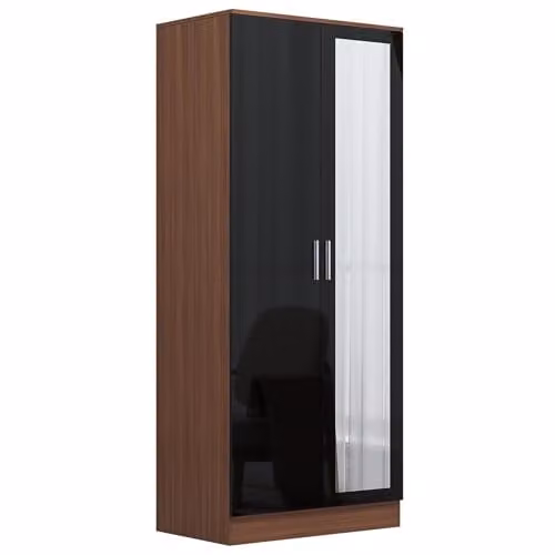 Reflect Modern Bedroom Furniture Set in Black Gloss and Walnut Finish, including 2 Door Mirror Wardrobe, Tallboy Chest and 2 Bedside Tables – 4