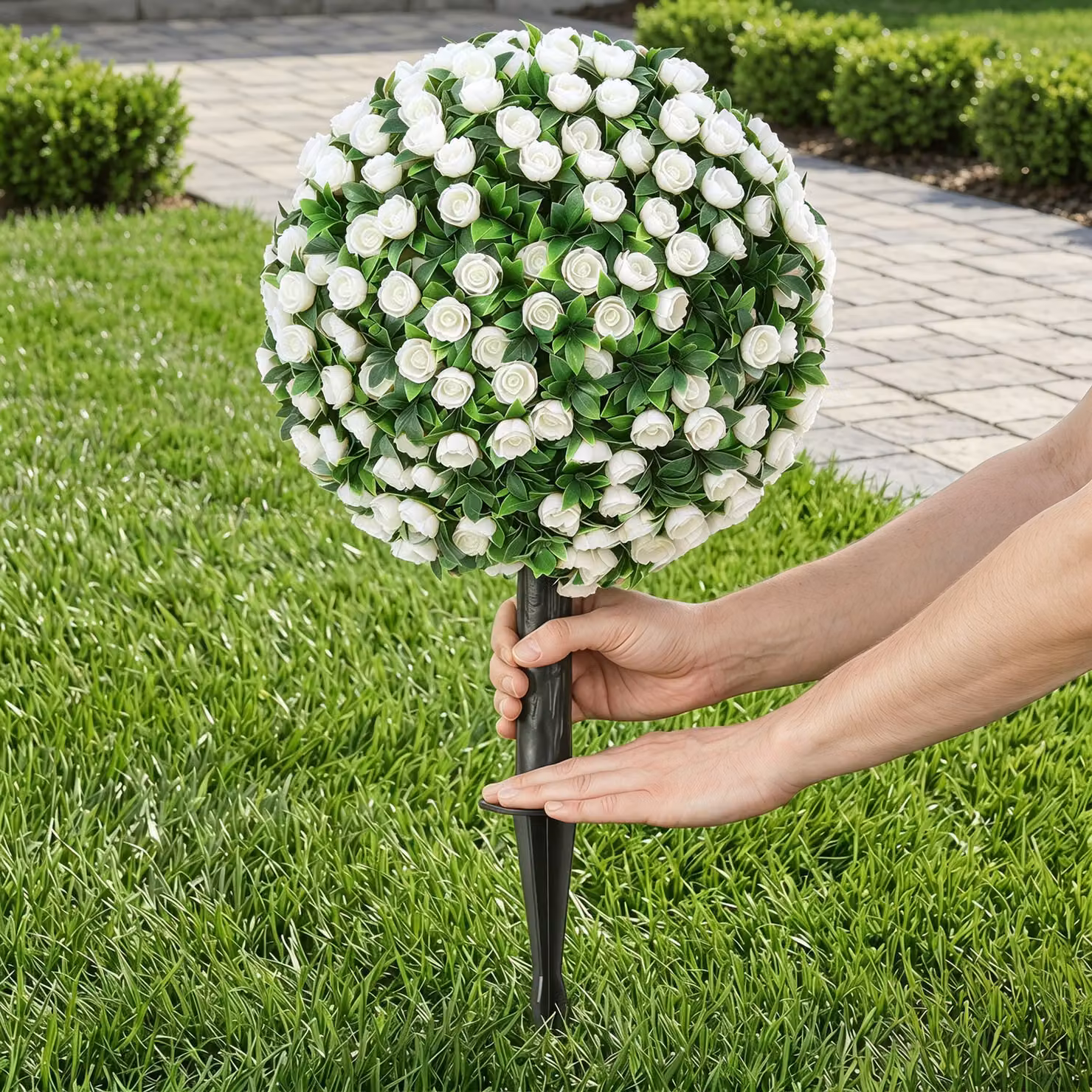 HOMCOM 2-Pack White Artificial Rose Topiary UV Resistant Round Floral Plants, Height: 55 cm – 8
