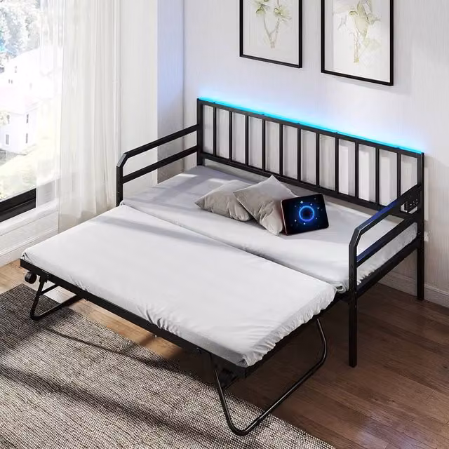 Costway Single Size Metal Daybed in Black with USB Charging Port and LED Under-Bed Lighting, W/D/H: 90 x 200 cm