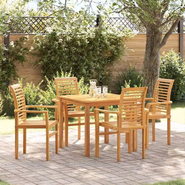 Berkfield Home Set of 4 Stacking Garden Chairs in Brown Solid Teak Wood