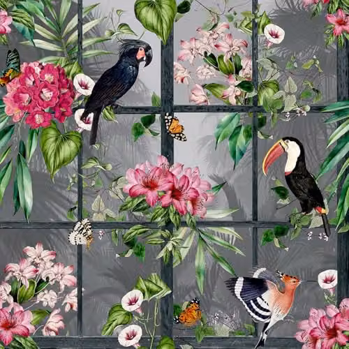 Arthouse Cuban Tropicana Wallpaper with Tropical Birds and Floral Patterns in Multi/Grey