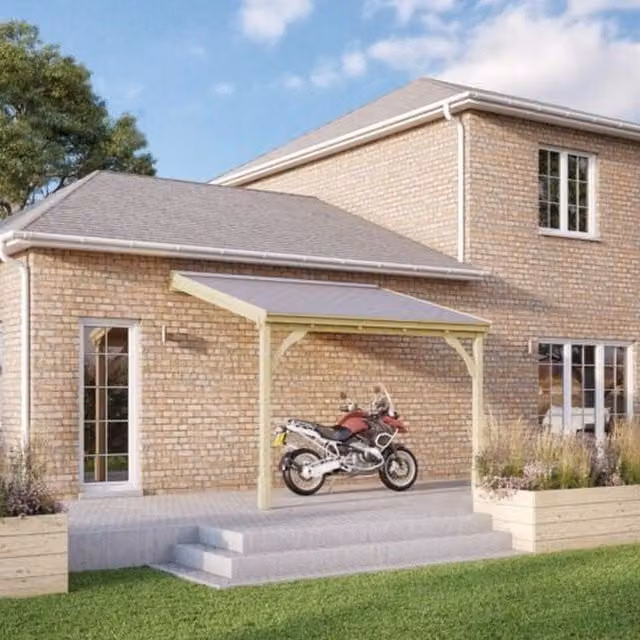 Rutland County Garden Furniture Ltd 2 Post Wood Carport with Bitumen Shingle Roof, Rustic Brown and Light Green, W: 434 cm, L: 350 cm
