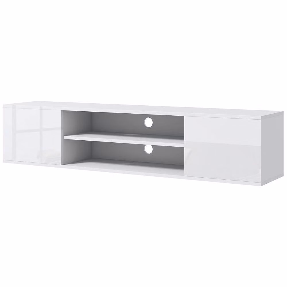 STILVORA Modern White Glossy Wall Mounted TV Stand with 2 Doors and Open Shelves – 4