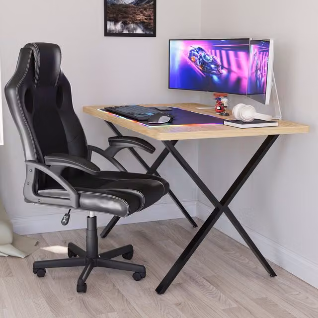 Vida Designs Modern Oak Gaming Desk with X-Frame Legs
