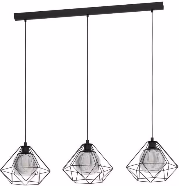 Eglo Vernham 3-Light Caged Pendant Ceiling Light with Smoked Black Glass, Black