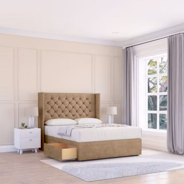 Sloomy Dior Naples Wingback Bed Set in Brown with 2 Drawers and Floor Standing Headboard, W/D/H: 180 x 200 cm