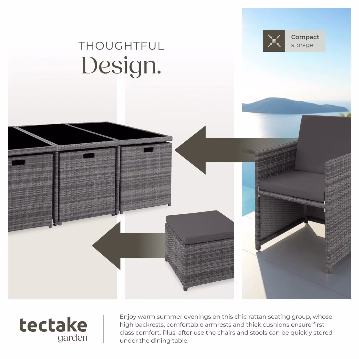 tectake New York Modern Rattan Garden Table and Chairs Set with Glass Top in Grey and Beige – 3