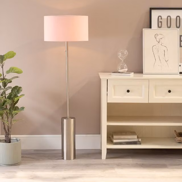 ValueLights Lexy Dimmable Floor Lamp with Pink Fabric Drum Shade and LED Bulb in Brushed Chrome
