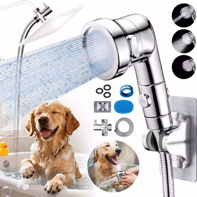 SPETLEK Handheld Shower Head with Dog Brush, 3 Spray Modes, Silver/Chrome, Stainless Steel – 1