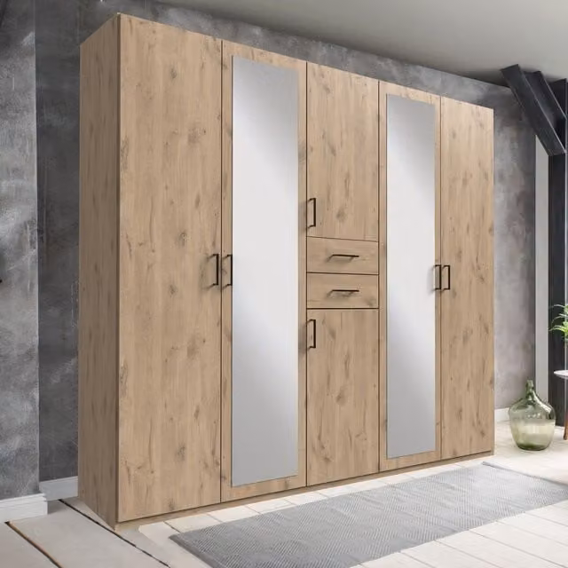 TJS Dillingen Modern Oak Wardrobe with Hinged Doors and Mirror, Brown, Height: 225 cm