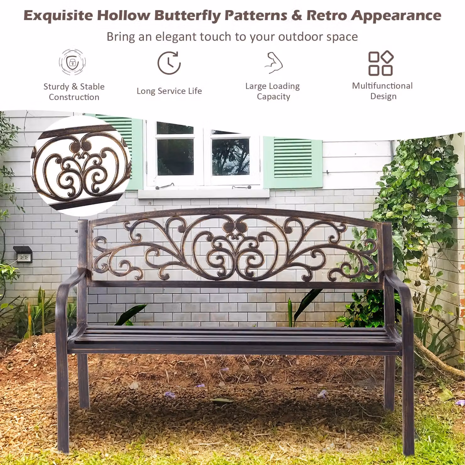 Gymax Retro Cast Iron and Steel Patio Garden Bench in Light Bronze – 4