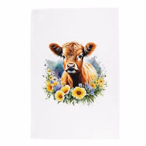 Purely Home Floral Highland Cow Calf Tea Towel, Multicolour Panama Cotton, W: 67 cm, H: 45 cm