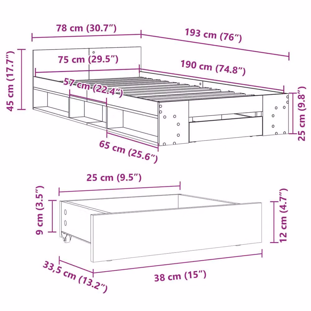 Berkfield Home Small Single Bed Frame with Drawer in Black, W: 75 cm, L: 190 cm – 7
