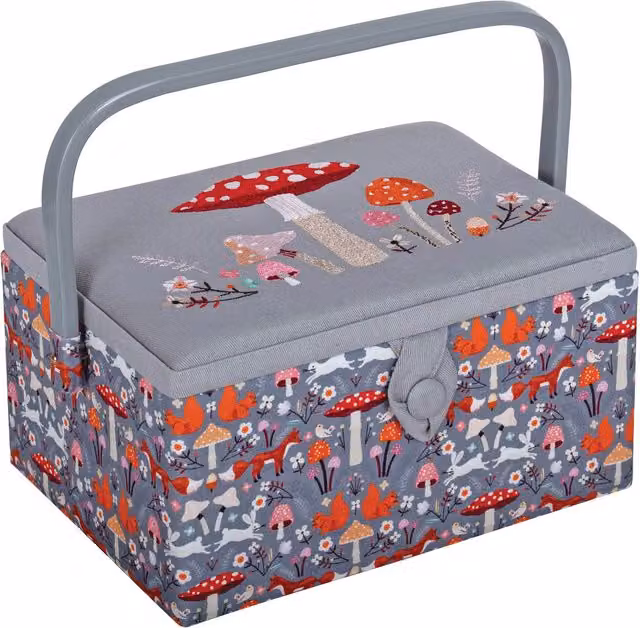 HG Sewing Box with Embroidered Woodland Toadstool Lid in White and Grey