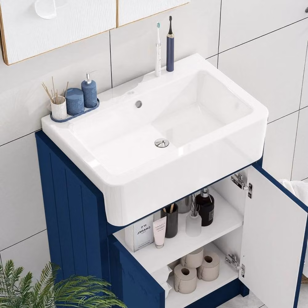 FORGEVIO Blue Glossy Modern Floor-Standing Bathroom Cabinet with Internal Shelves – 4