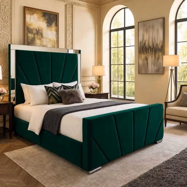 Sunrise Mirrored Bed by K Mehmood Enterprise Ltd in Green Velvet, W/D/H: 120 x 200 cm