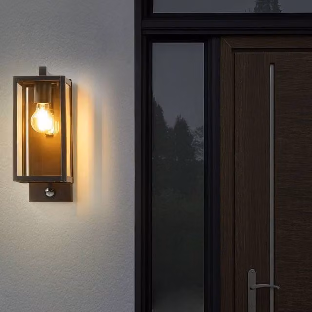 Wyld and Coco Retro Black Metal and Glass Outdoor Wall Light with Motion Sensor, Height: 33 cm