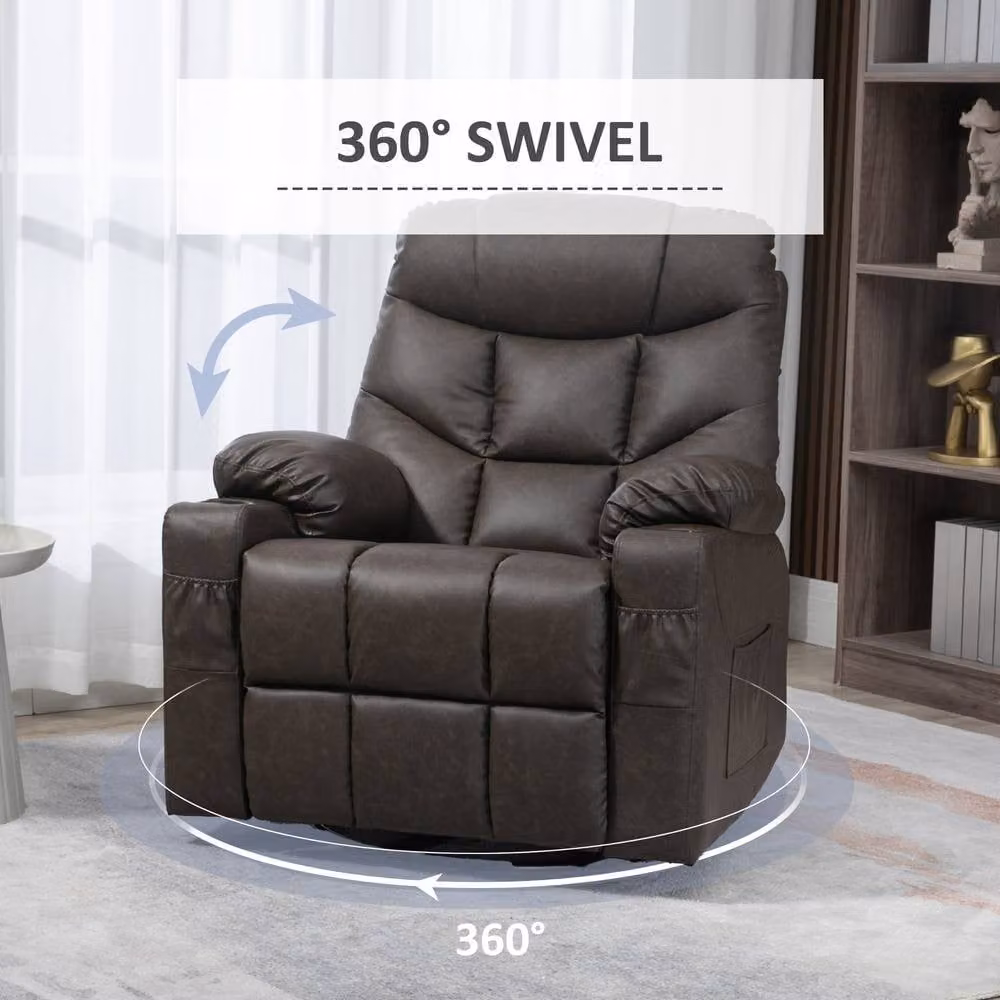 HOMCOM Brown Synthetic Leather Manual Recliner Chair with Swivel Base and Footrest – 4