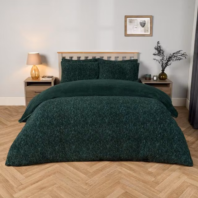 OHS Hygge Teddy Marl Fleece Duvet Set and Pillowcase in Green, W: 180 cm x L: 200 cm