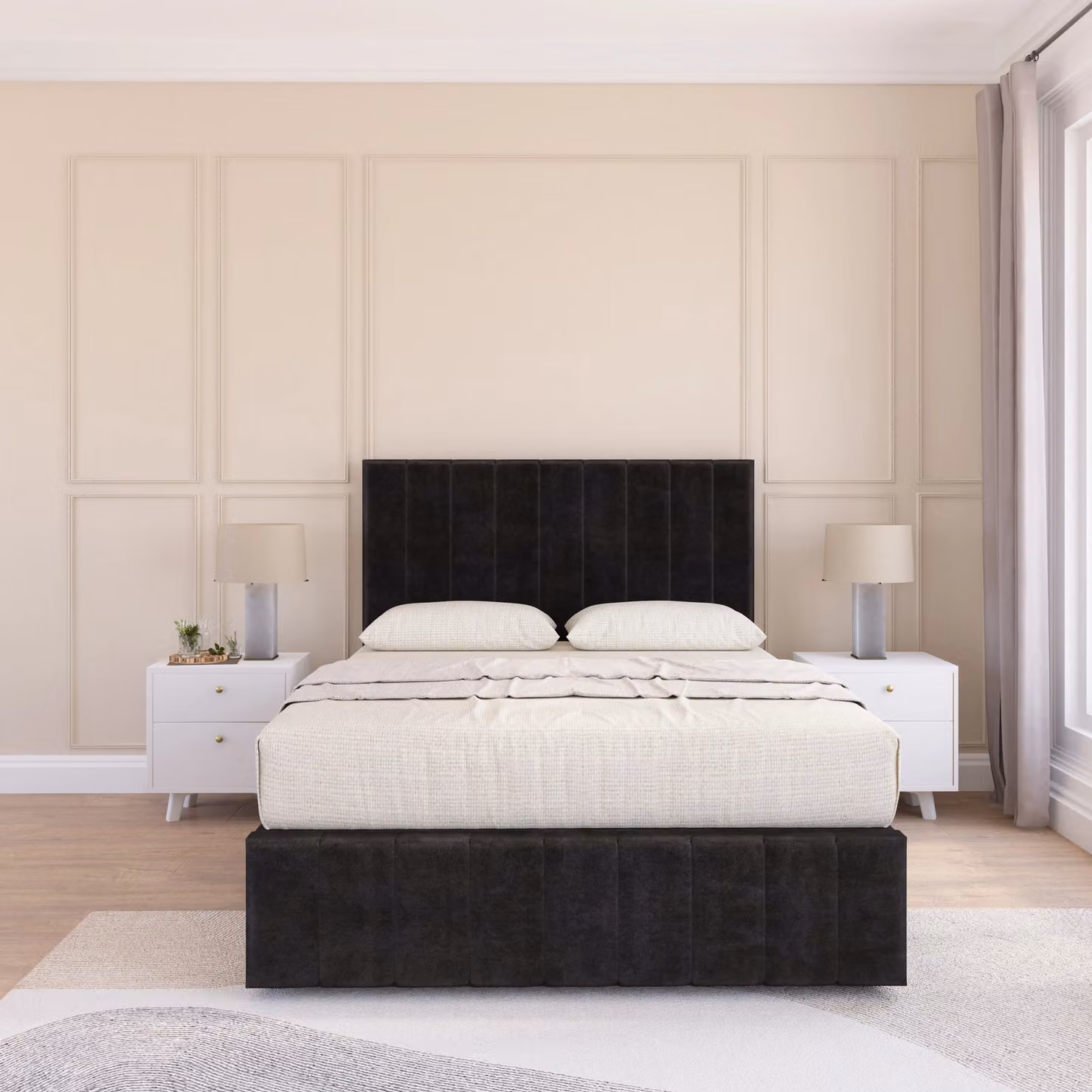 Sloomy California Chesterfield Divan Bed Base and Headboard in Black Velvet, W/D/H: 140 x 200 cm
