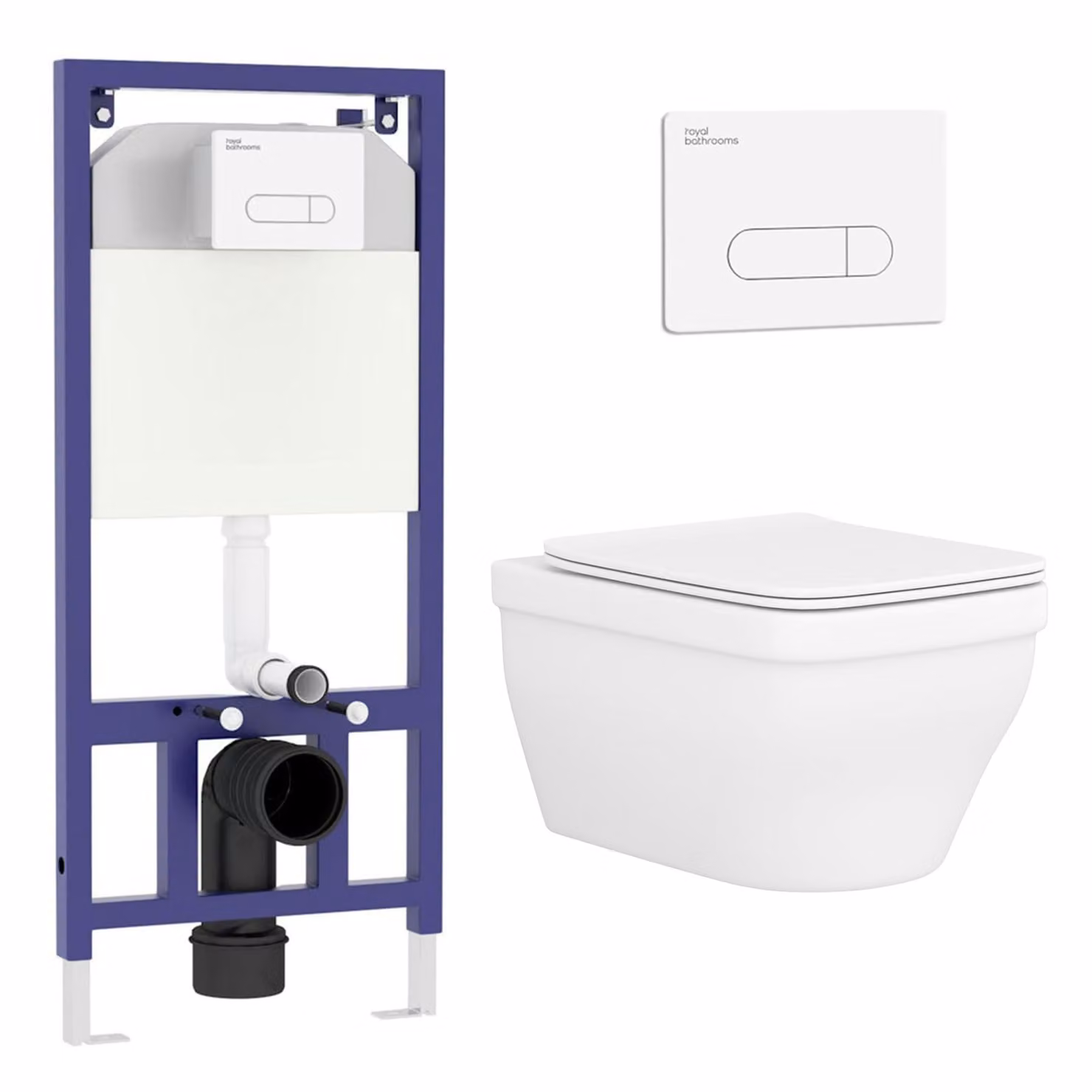 Royal Bathrooms Evora Wall Hung Rimless Ceramic Toilet with Slim Soft Close Seat and Aqua White Plate and Wall Hung Frame
