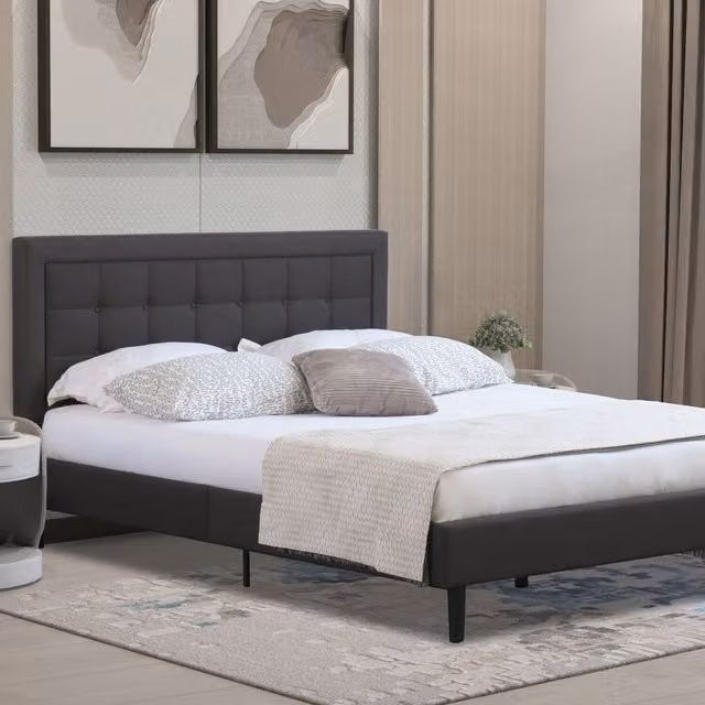 Comfy Living Upholstered Buttoned Headboard Bed Frame in Grey Fabric, W/D/H: 140 x 200 cm