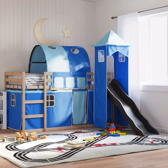 Berkfield Home Blue Solid Wood Childrens Bunk Bed with Slide and Curtains W: 80 cm, L: 200 cm – 1
