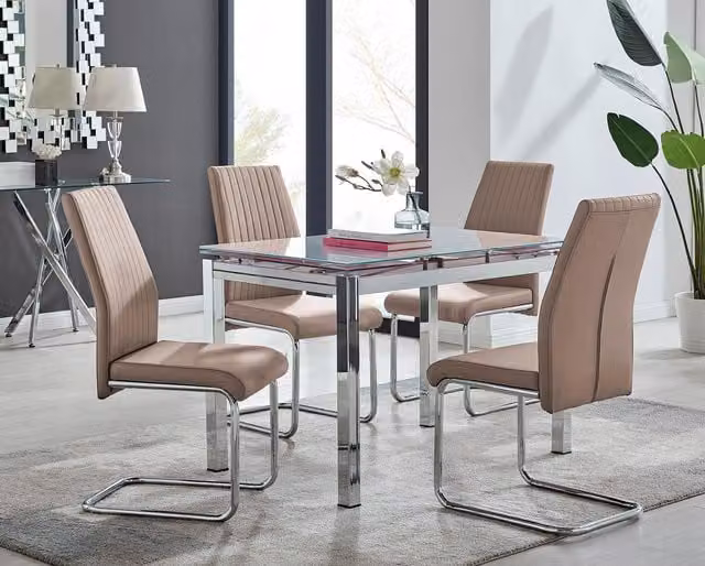 FurnitureboxUK Enna White Glossy Glass Extending 4-6 Seater Rectangular Dining Table and 4 Lorenzo Beige Faux Leather Chairs