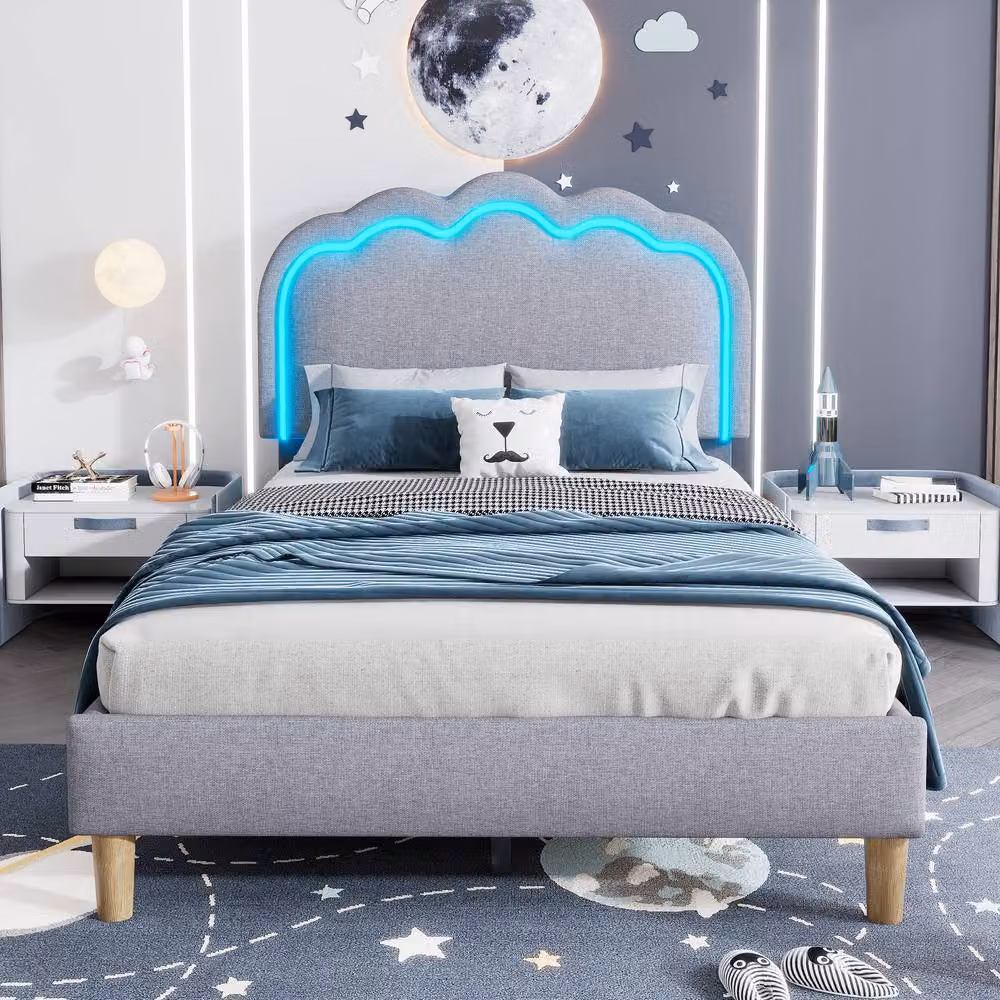 BES HOME Grey Linen Single Bed with LED Mood Headboard and Adjustable Height, W/D/H: 90 x 190 cm – 2