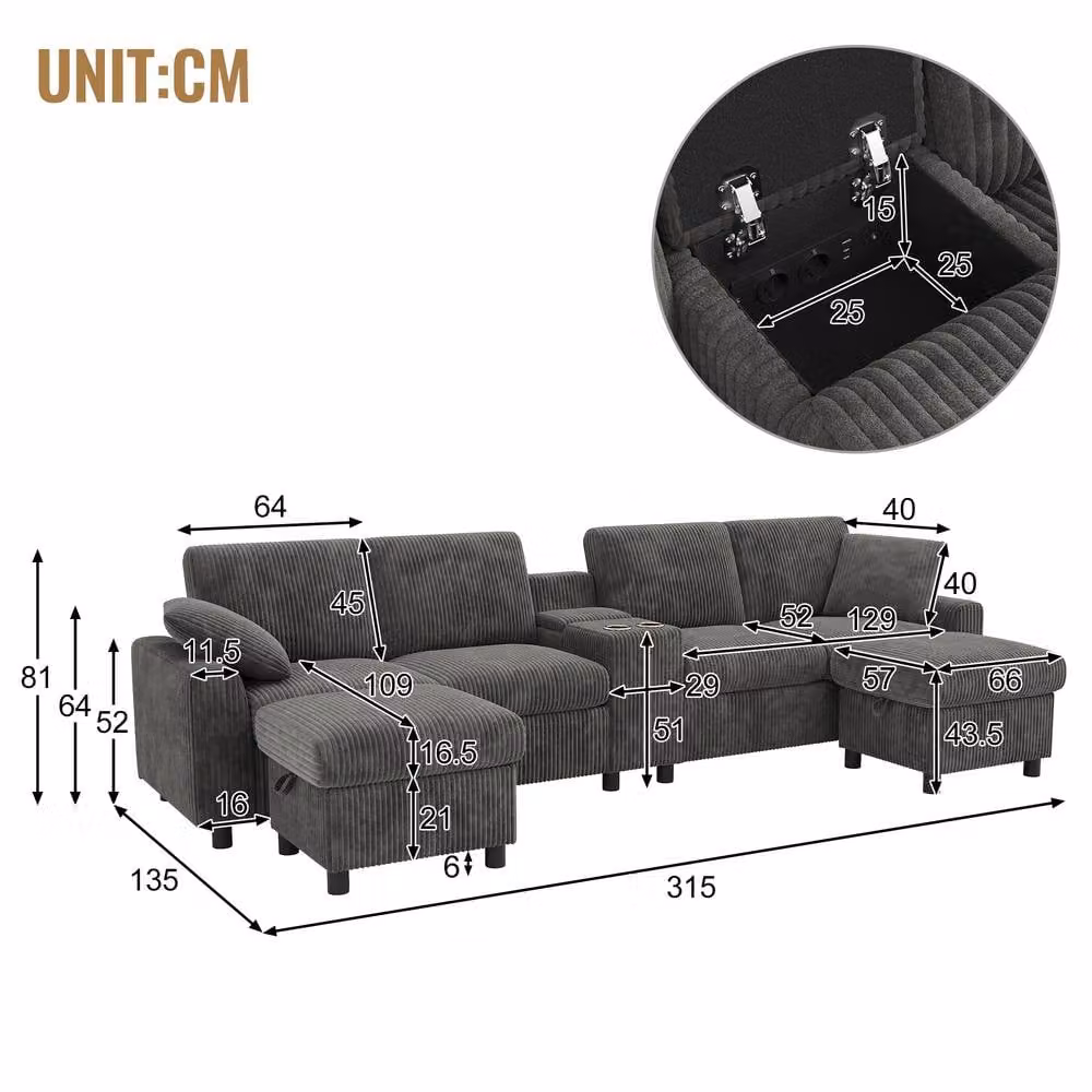 BTM U-Shaped Sectional Ottoman Storage Sofa in Grey with USB Charging Ports and Cup Holders – 3