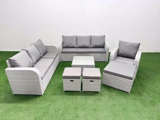Fimous 10 Seater Poly Rattan Garden Furniture Set in Grey with Coffee Table, 3 Seater Sofa, Reclining Chairs and Ottomans