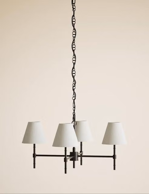 M&S Modern Suspended Metal Ribbed Cone Chandelier in Black and Bronze with Beige Fabric