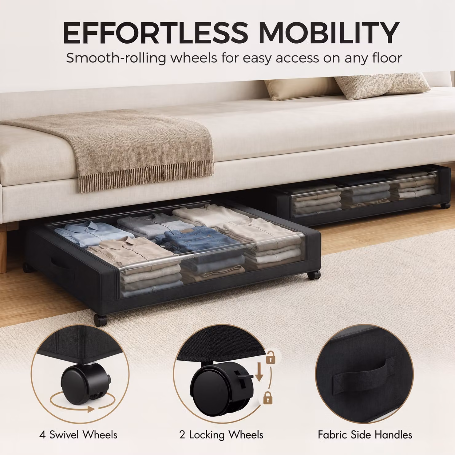 HOMCOM Pack of 2 Black Fabric Under Bed Storage Drawers with Clear Lids and Wheels, 40L Capacity – 6