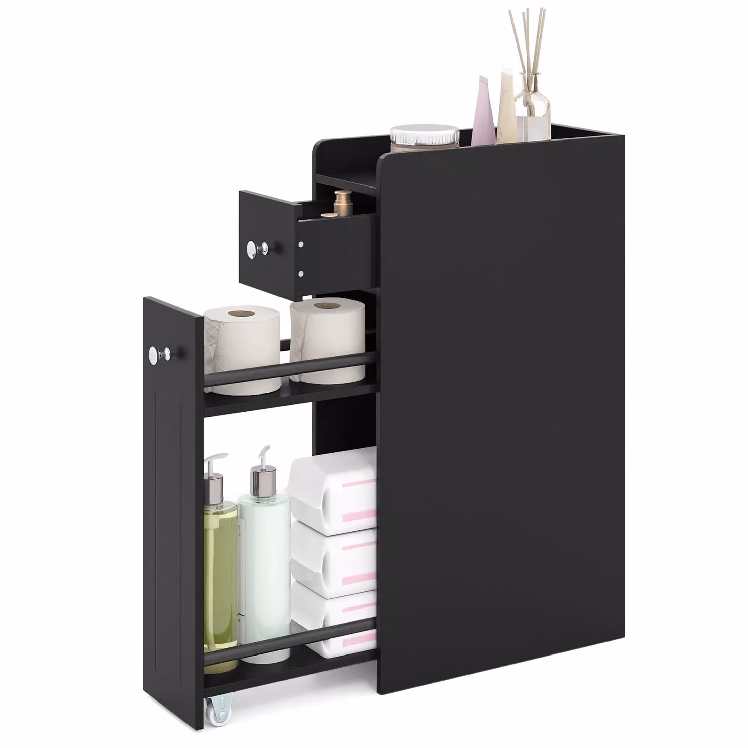 Costway 4-Tier Narrow Bathroom Toilet Side Storage Cabinet with Slide Out Drawers in Black – 7