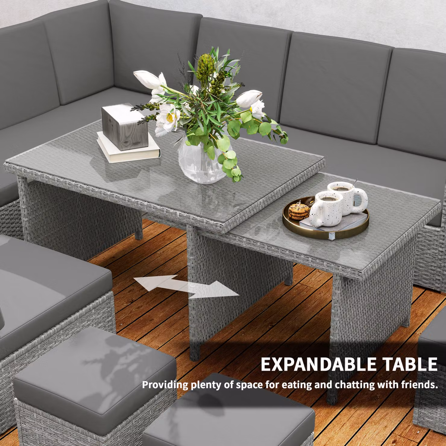 Outsunny Seven-Piece L-Shape Rattan Garden Sofa Set with Extendable Glass Coffee Table, Light Grey – 3