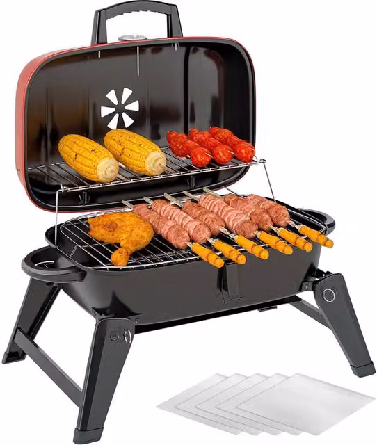 Rolipo Red Folding Charcoal Kettle BBQ Grill with Thermometer and Warming Rack