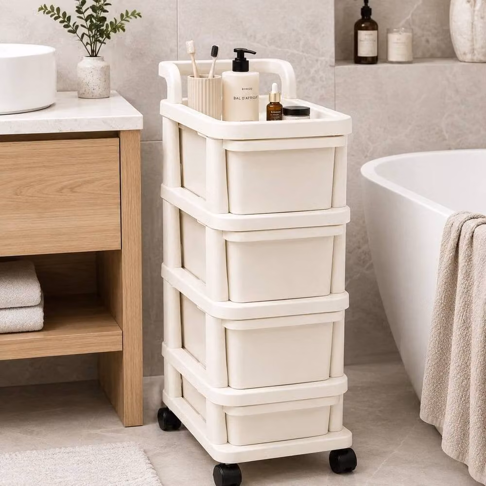 FORGEVIO 4-Tier Plastic Storage Trolley Drawer Cabinet on Wheels in Beige, W: 50 cm, D: 50 cm – 4
