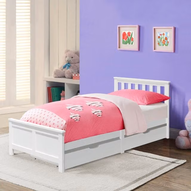 Comfy Living White Lacquered Solid Wood Bedframe with 2 Pull Out Drawers, W/D/H: 90 x 190 cm
