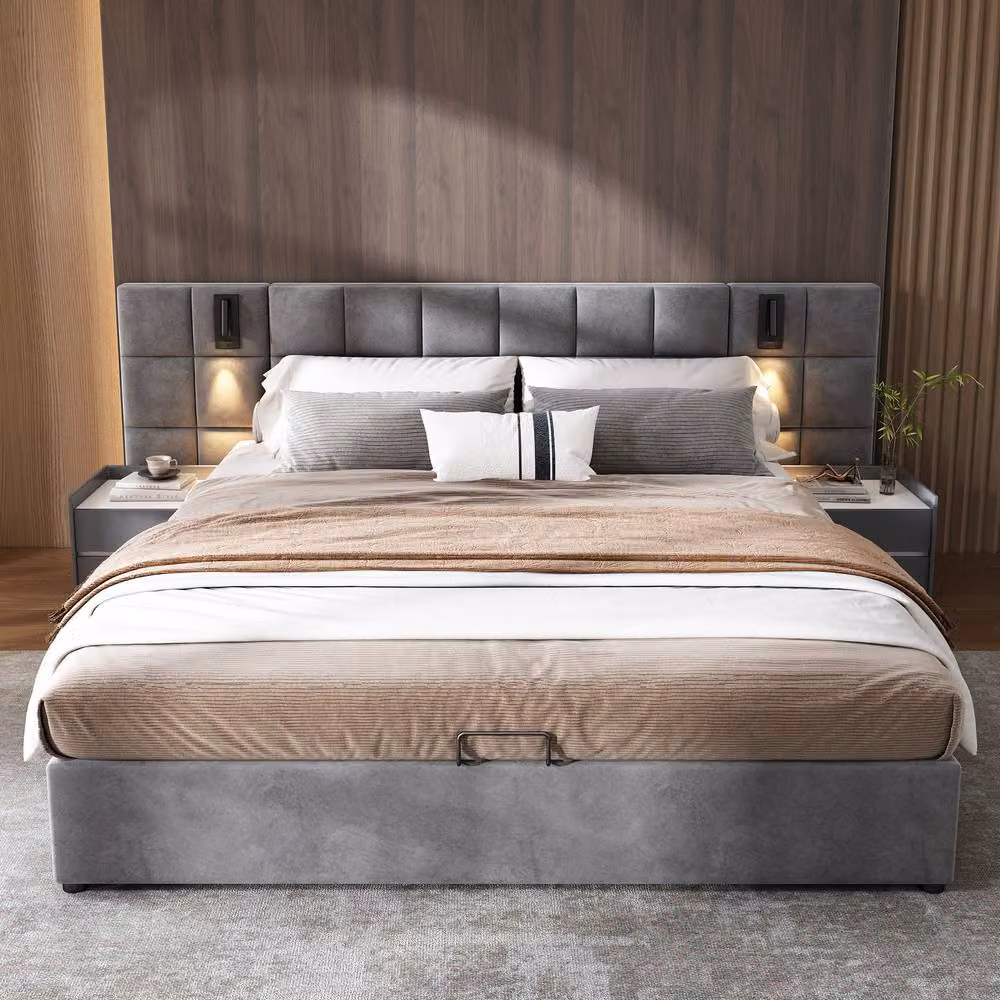 ModernLuxe Grey Velvet Super King Ottoman Bed with Wide Headboard, Integrated Reading Light and USB Charging Port, W/D/H: 180 x 200 x 102.5 cm – 3