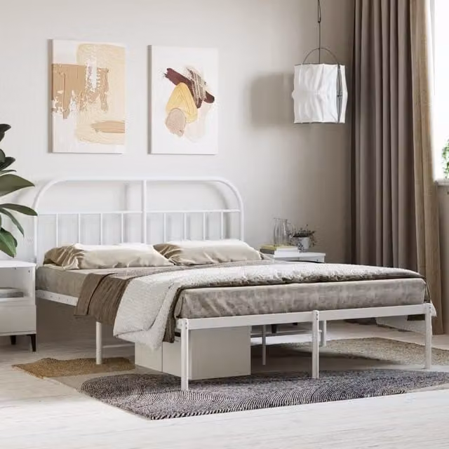 Berkfield Home Metal Bed Frame with Headboard in White, 140 x 190 cm – 1