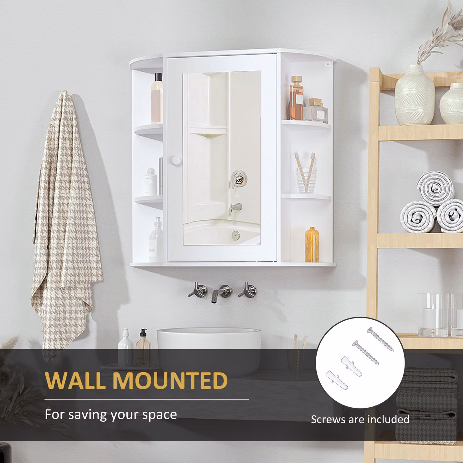 HOMCOM White Wall-Mounted Bathroom Cabinet with Mirror and Side Shelves, W/D/H: 66 x 17 x 63 cm – 2