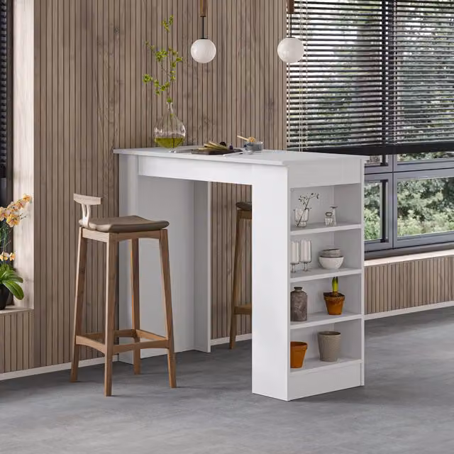 Decortie Modern White Kitchen Bar Dining Table with 4-Tier Storage and MDF Construction