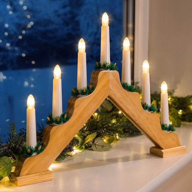 Christow Wooden Candle Bridge Christmas Decoration with Warm White LED, Brown, Mains Operated