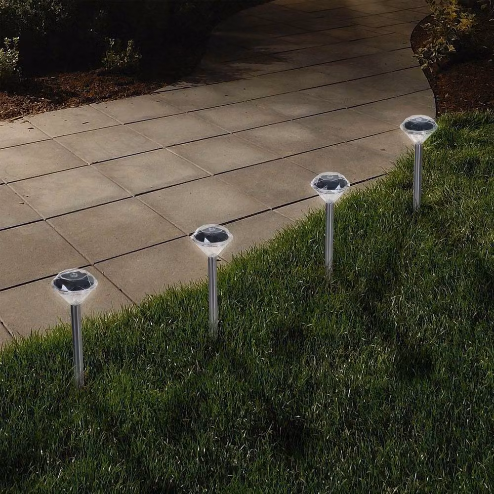 SPETLEK 10-Pack Solar Powered LED Diamond Garden Stake Lights in Transparent and Silver with Warm White Light – 3