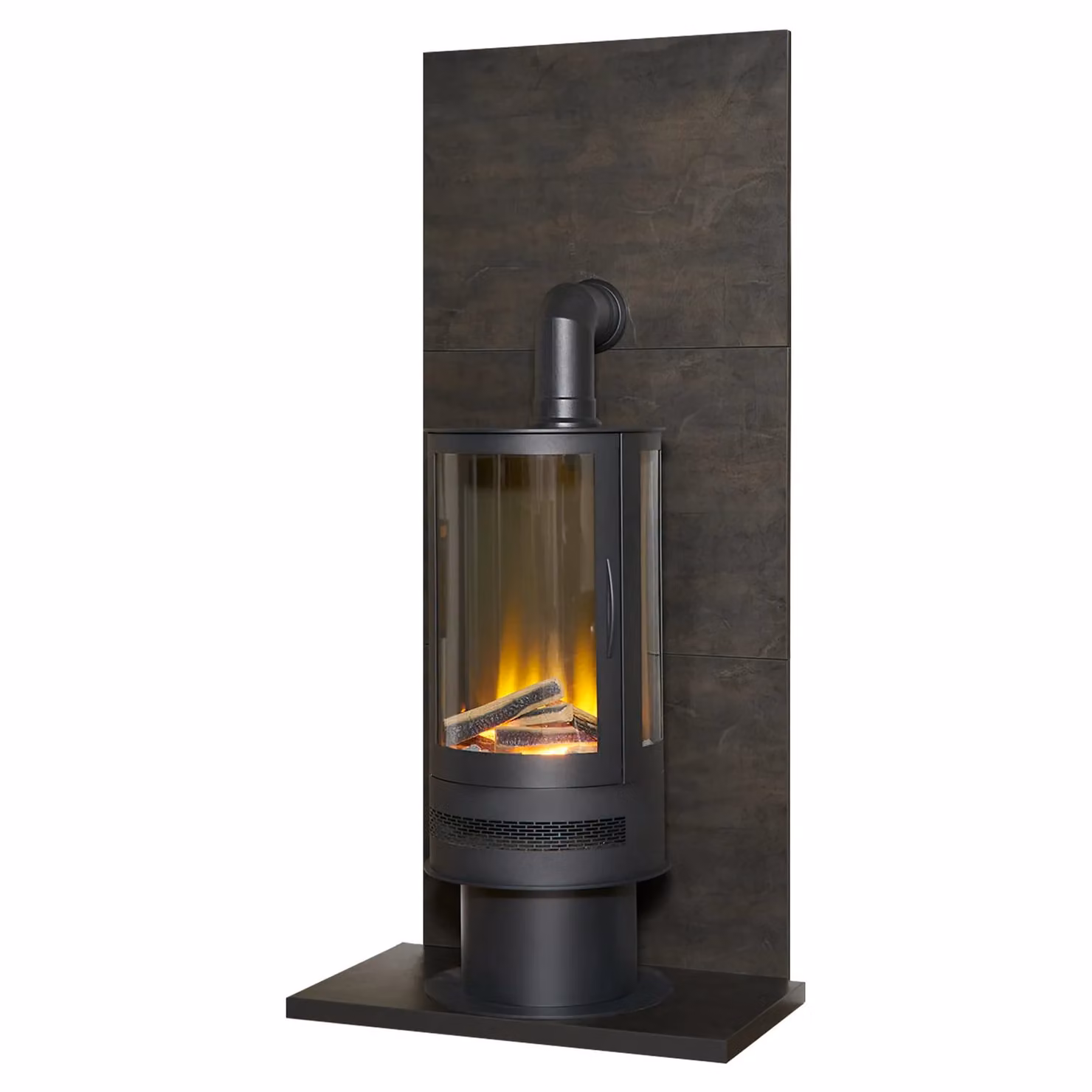 Acantha Tile and Hearth Set in Bronze Venetian Plaster Effect with Orbit Cylinder Electric Stove and Black Angled Pipe – 5