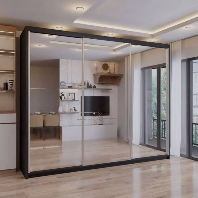 Sliding Wardrobes 4U Modern Triple Door Sliding Wardrobe in Black, W: 250 cm, D: 62 cm, H: 217 cm